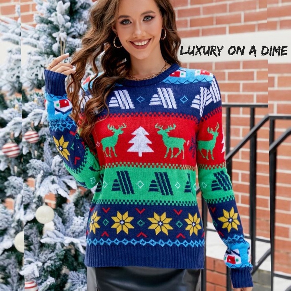 Knit Fair Isle Sweater Tree Reindeer Snowflake Bold Geometric Classic Winter Top